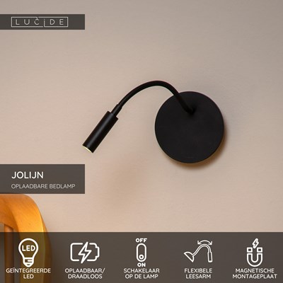 Lucide JOLIJN - Oplaadbare Bedlamp / Wandlamp - Accu/Batterij - Ø 11 cm - LED - 1x2W 3000K - Magnetisch - Zwart